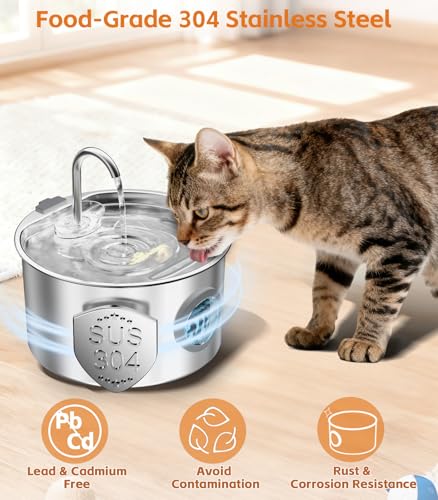 108oz/3.2L Stainless Steel Cat Water Fountain with Detachable Tank, Easy to Clean & Assemble, Pet Drinking Dispenser with ...
