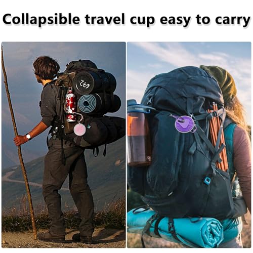 Litoexpe 2 Pack Silicone Collapsible Travel Cup Portable Folding Camping Cup Sets with Lids, Pink & Purple, Capacity 9.22o...