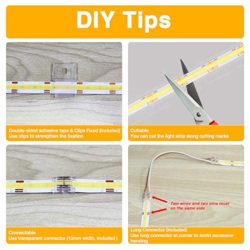 DAYBETTER COB LED Strip Lights, Tunable White(2700K-6500K) COB LED Lights with 3040 LEDs, 24V Adapter, RF Remote, Dimmable...