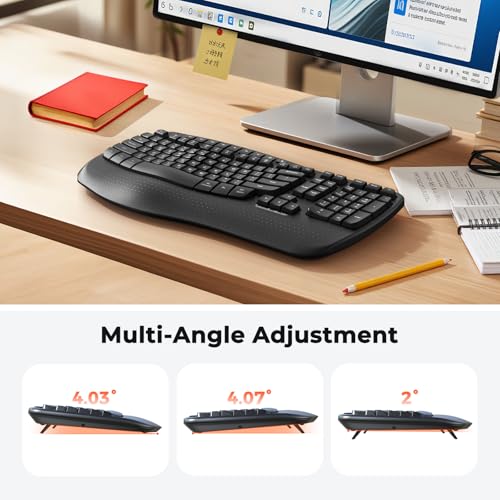 MEETION Wireless Ergonomic Keyboard, Wave Keys Firm Wrist Rest for Natural Typing, 2.4G USB-A Cordless Receiver and USB-C ...