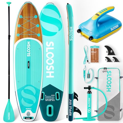SLOOSH Inflatable SUP & Electric Pump Bundle – 10'6" Paddle Board with Premium Accessories, Non-Slip EVA Deck, 20 PSI Dua...
