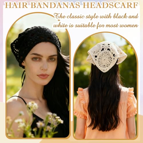 JATEBI 4PCS Women's Floral Lace Mesh Triangle Head Scarves Adjustable Boho Bandanas