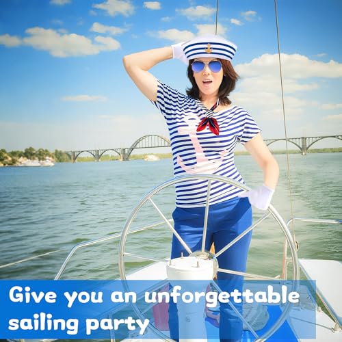 Watayo 5 Pcs Halloween Nautical Sailor Hat and Scarf Cosplay Outfit, Yacht Captain Sailor Cap Scarf Sunglasses Gloves Earr...
