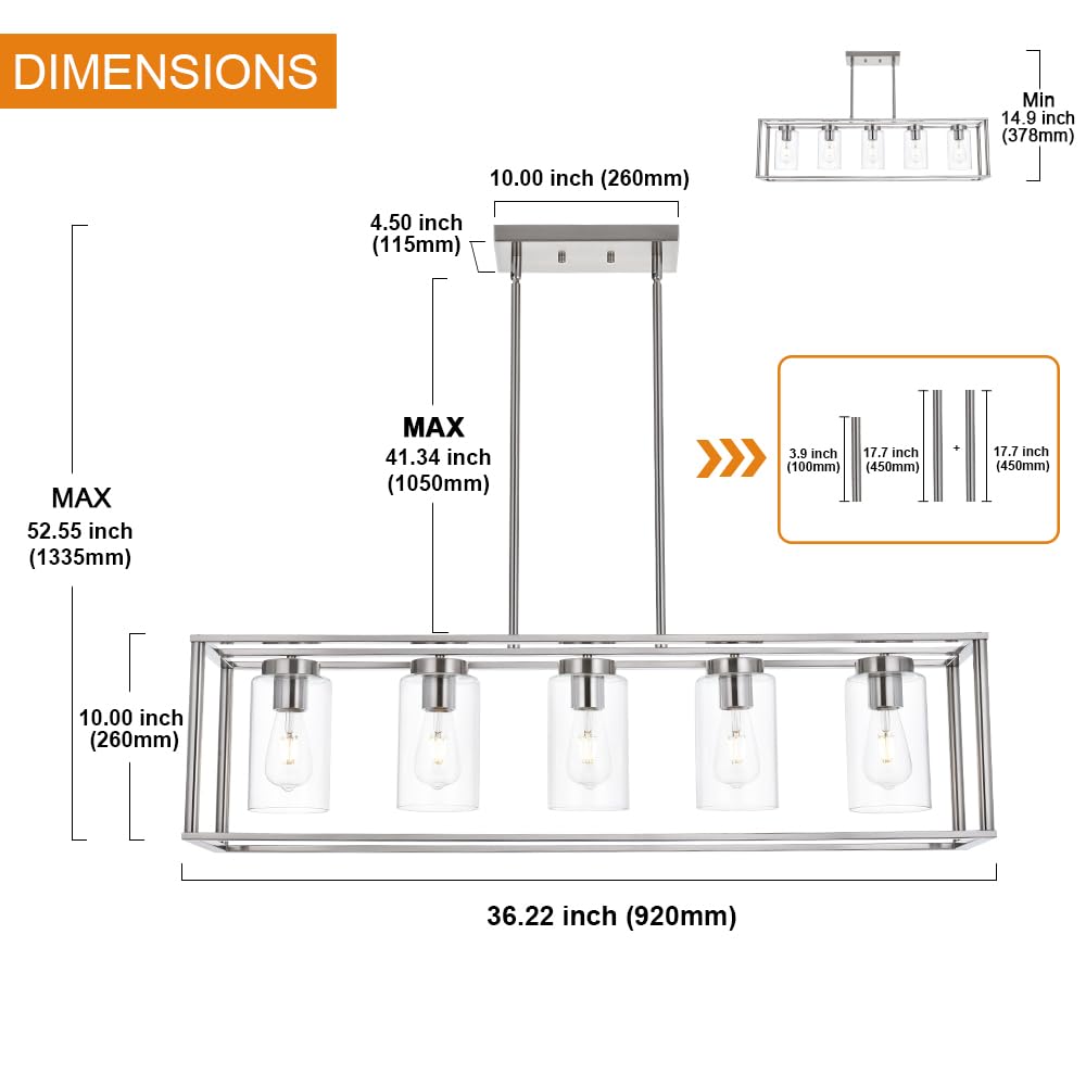 VINLUZ Contemporary Chandeliers Brushed Nickel 5 Light Modern Dining Room Lighting Fixtures Hanging, Kitchen Island Linear Pendant Lights Farmhouse Flush Mount Ceiling Light with Glass Shade