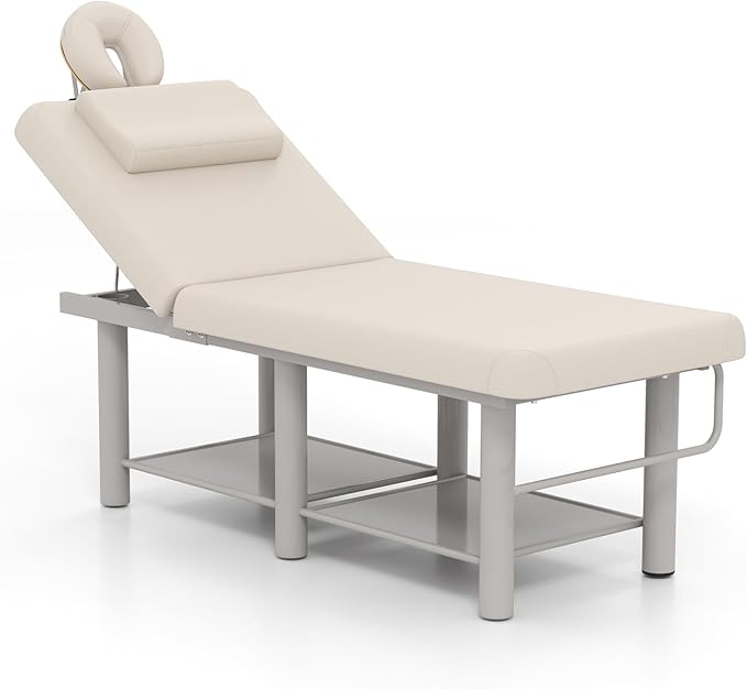 Heavy Duty Wide Stationary Massage Table Metal Frame PU Leather Spa Facial Professional Adjustable Massage Bed with Open-Chest & Headrest for Treatment Physical Therapy Tatoo Salon Equipment (Gray)