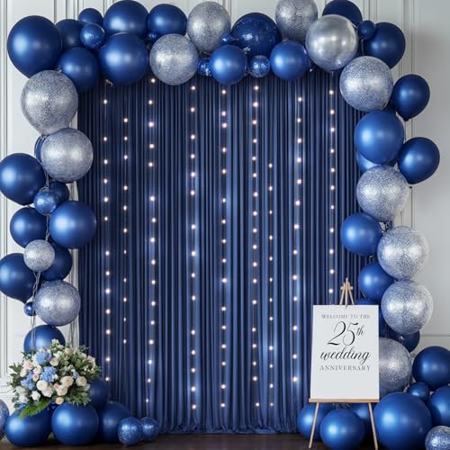 10x10ft Navy Blue Backdrop Curtains with Lights Wrinkle Free Fabric Backdrop Curtain for Wedding Birthday Party Baby Showe...