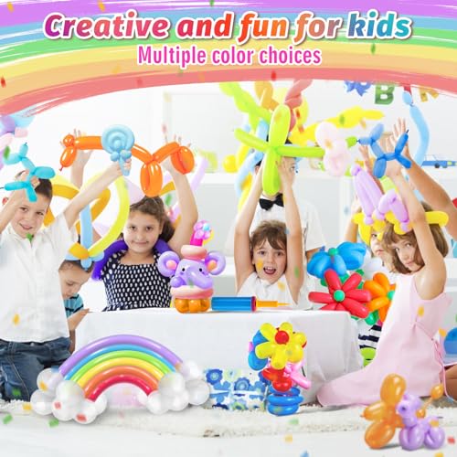 100 Pcs 260Q Balloons Kit with Pump - Kids Premium Latex Twisting Long Balloons to Make Animals Flowers, Fun Rainbow Ballo...
