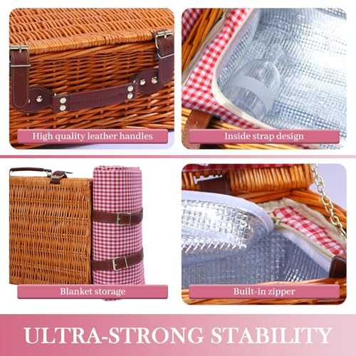 Neti Neti Wicker Picnic Basket for 4 with Insulated Cooler & Waterproof Blanket – Large Willow Picnic Hamper for Outdoor, ...