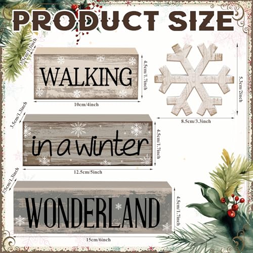Moucuny 4 Pcs Winter Table Decorations Wooden Snowflake Decor Winter Tiered Snow Tray Decor Rustic Block Signs Gift Farmho...