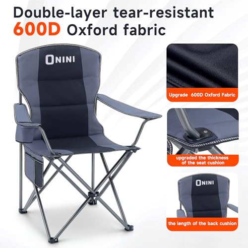 Onini Oversized Camping Folding Chairs Heavy Duty Support 500 LBS Chair with Cup Holder, Storage Bag for Outdoor, Beach, F...