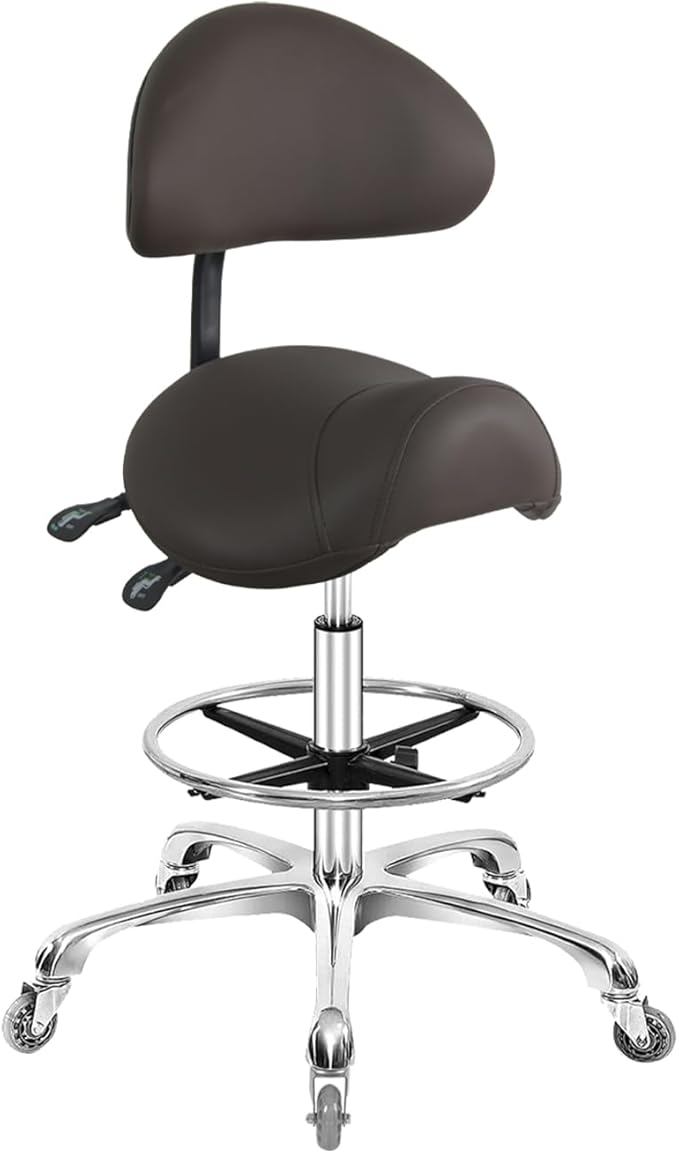 Nazalus Saddle Stool Chair with Back Support Footrest, Heavy-Duty(350LBS), Hydraulic Rolling Swivel Adjustable Stool Chair for Salon Spa Beauty Massage Dental Clinic Home Office Use(Coffee)