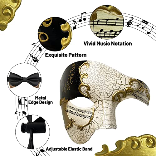 IncreDecor Masquerade Mask for Men Phantom of The Opera Half Face Mask with Bowtie, Venetian Masks for Halloween Party