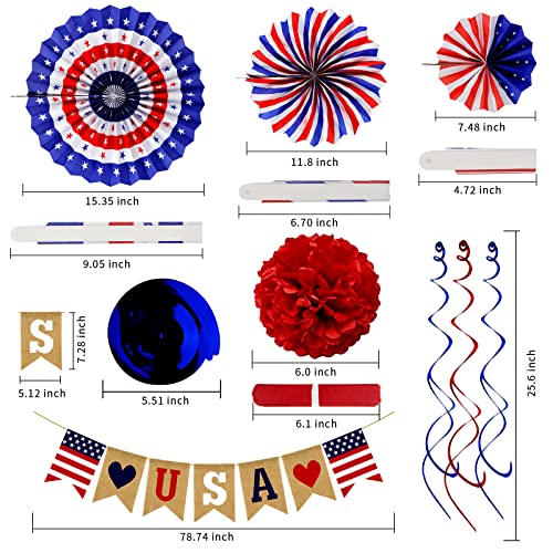 26Pcs Patriotic Decorations 4th of July Decorations LOVE USA Banner Red White Blue Paper Fans Star Streamer Pom Poms Hangi...