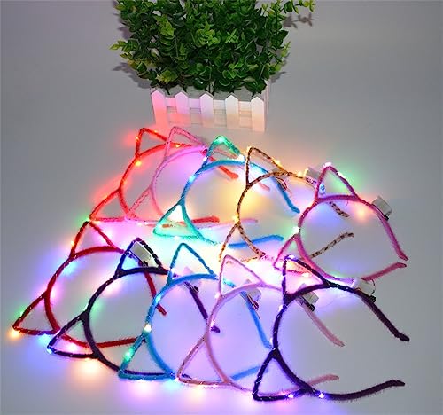 REQO 10 Pieces Cat Ears Headbands Set,LED Cute Cat Light Up Head Accessories,Glowing Girls Headdress Party Supplies For Ni...
