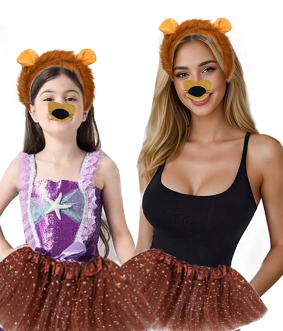 Besuante 7 Pcs Animal Lion Costume Set for Girls Ear Headband Tail Bowtie Nose Gloves Tutu Skirt for Halloween Dress Up