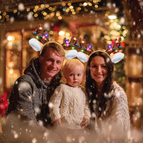 nuihoil Reindeer Antlers Headband Light Up Christmas Party Favors Fluffy Deer Costume Headbands for Women