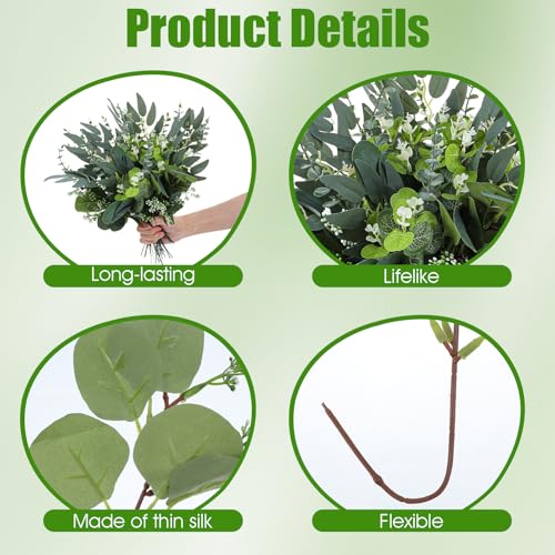 100 Pcs Mixed Eucalyptus Stems Bulk, 4 Style Artificial Silver Dollar Eucalyptus Leaves for Wedding Centerpieces, Faux Gre...