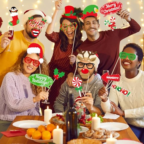 32 Pcs Christmas Photo Booth Props Kit - Merry Christmas Photo Props for Photography, DIY Fun Xmas Photobooth Photoshoot P...
