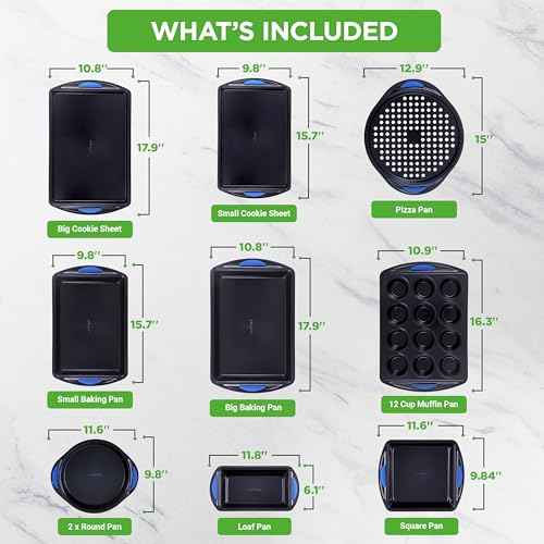 NutriChef 10-Piece Nonstick Bakeware Set - Heavy Duty Carbon Steel Baking Trays w/Silicone Handles - Includes Cookie Sheets, 12-Cup Muffin Pan, Pizza & Loaf Pan, Round & Square Pans - Easy to Clean