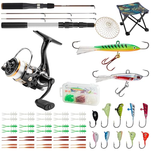 Gonex Ice Fishing Rod Reel Combo Medium Light Carbon Fiber Fiberglass Portable Complete Kit Include Skimmer Spare Rod Spin...