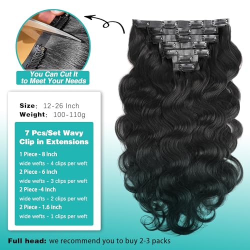 Seamless Clip In Hair Extensions Real Human Hair Invisible PU Skin Weft Body Wave Clip Ins 100% Unprocessed Brazilian Remy Human Hair Extensions 7pcs with 16Clips 110g£¨Natural Black,22 inch£©