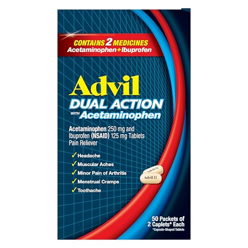 Advil Dual Action Coated Caplets with Acetaminophen, 250 Mg Ibuprofen and 500 Mg Acetaminophen Per Dose (2 Dose Equivalent) for 8 Hour Pain Relief - 2 Count x 50