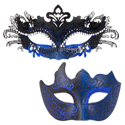 MYSEUNI 2025 Masquerade Masks for Couples, Shiny Rhinestone Metal Filigree Venetian Mask & Mens Venetian Mask for Mardi Gras