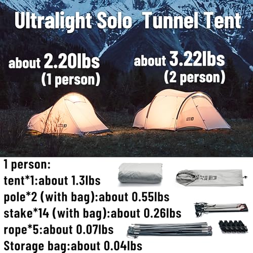 Naturehike Ultralight Solo Tunnel Tent - 1/2 Person Waterproof Tent with Lightweight Aluminum Pole, for Camping, Backpacki...
