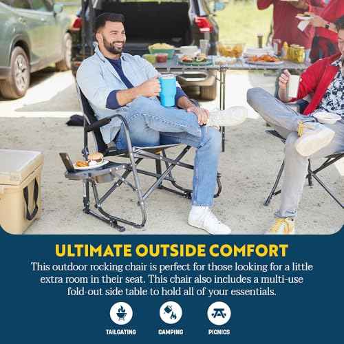 GCI Outdoor Freestyle Rocker XL with Side Table Camping Chair | Portable Folding Rocking Chair with Solid, Durable Armrests, Drink Holder & Comfortable Backrest ? Black