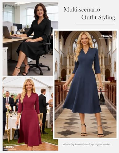 GRACE KARIN Work Dresses for Women 2025,Midi Business Dress,3/4 Sleeve Classy Fit and Flare Dress with Pocket