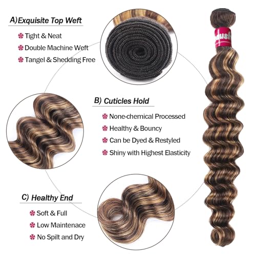 P4/27 Ombre Human Hair Bundles Loose Deep Wave Quick Weave Hair with Closure, 10A Brazilian Raw Deep Wave Human Hair Highlight Bundles with 4x4 Lace Closure(12 14 16+12inch, Honey Blonde Brown Color)