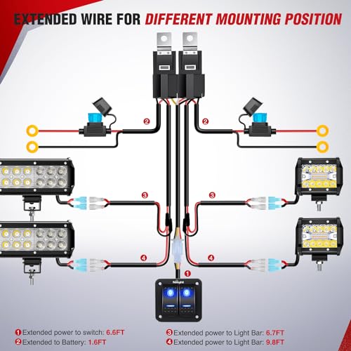 Nilight 16AWG LED Light Bar Wiring Harness Kit 12V On/Off 2 Gang Rocker Switch Panel Power Relay Blade Fuse 5Pin Toggle Sw...