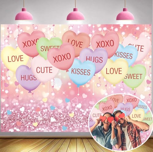 Valentines Backdrop 7x5FT Sweethearts Candy Conversation Hearts Party Decorations Sweet Heart Valentines Background for Ho...