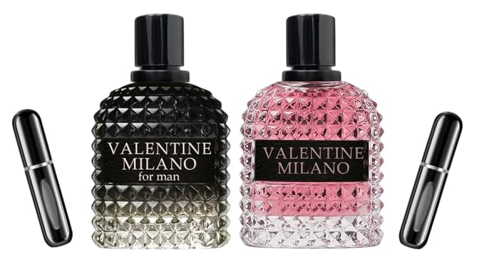 Valentine Milano Couple Set Perfume Gift Set for Women/Men EDP – (100ml x2) Amber Floral & Oriental Scents, Cologne with a Modern Twist Elegant, Plus 2 Refillable 5ml Travel Spray Bottles.