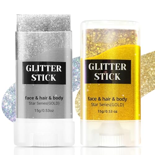 2PCS Face Body Glitter Stick,Gold Silver Hair Glitter Stick for Kids Women,Roll on Body Face Glitter Gel Makeup Hair Acces...