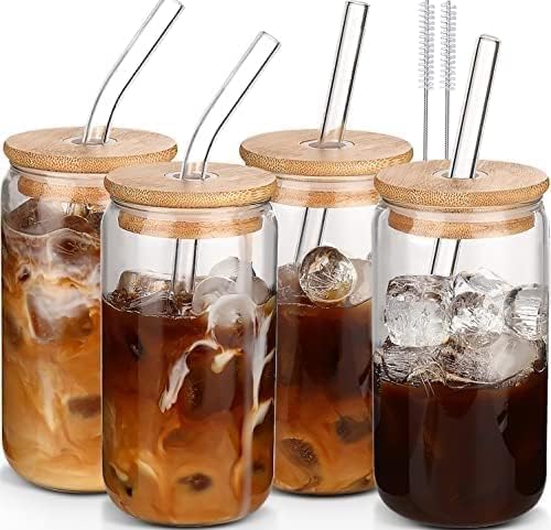 DWTS DANWEITESI Glass Cups with Lids and Straws 4 pcs,16oz Drinking Glasses Set for Coffee Bar Accessories,Iced Coffee Cup...