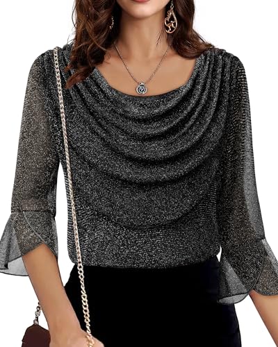 Lotusmile Blouses for Women Dressy Casual 3/4 Sleeve Cowl Neck Sparkly Tops Cocktail Shirts for Evening Party