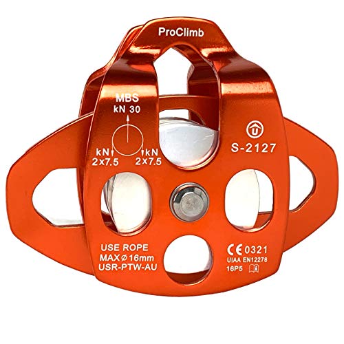 ProClimb 30kN Large Aluminum Rope Pulley - Single/Double Sheave, CE/UIAA Certified