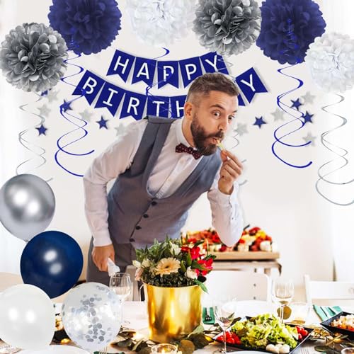 Blue Birthday Party Decorations for Men - Navy Blue and Silver Balloons with Happy Birthday Banner, Tissue Pompoms, Hangin...