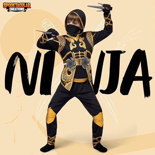 Spooktacular Creations Golden Ninja Costume Set, Ninja Jumpsuit with Foam Accessories for Kids, Toddler Halloween Outfit f...