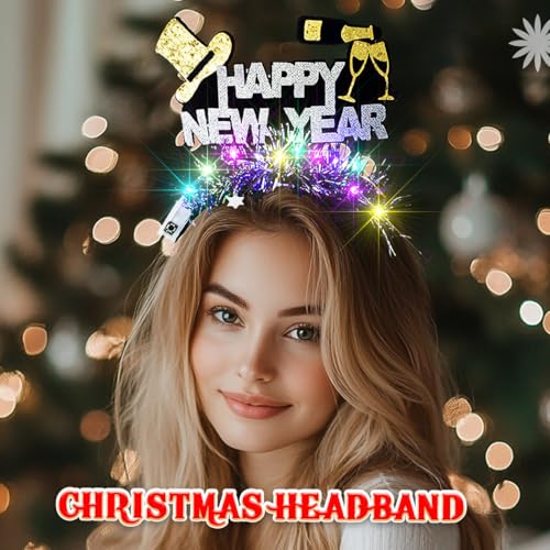 Abien Light Up Happy New Year Headbands Glitter Beer Hairband LED Hat Feather Headhoop New Year Party for Women