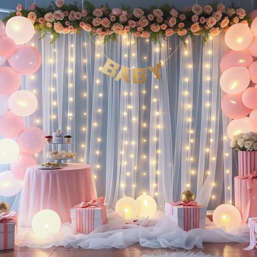 10x10ft White Tulle Backdrop Curtain with Lights String for Parties Wedding Twinkle Sheer Backdrop Curtains for Bridal Sho...