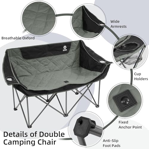 Elevon Double Camping Chair, 2 Person Oversized Loveseat for Adults, Portable Heavy Duty Outdoor Folding Chair with Arms, ...