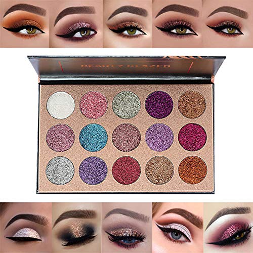 BestLand 15 Colors Glitter Eyeshadow Palette Shimmer Ultra Pigmented Makeup Eye Shadow Powder Long Lasting Waterproof Holi...