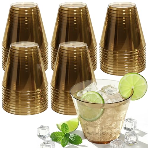 Glowserve 150 Pack Plastic Cups 9 oz Brown Clear Plastic Cups for Cocktail Fancy Disposable Cup for Party Stemless Wine Gl...