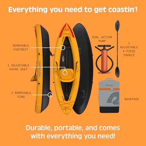 Retrospec Coaster Single & Tandem Inflatable Kayak for Adults, 220 & 440lb Weight Capacity, Lightweight with Paddle & Pump