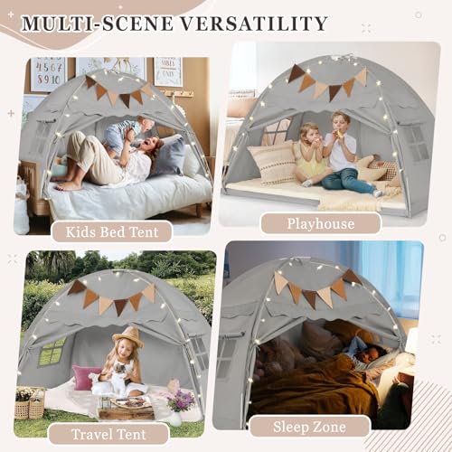 Twin Size Bed Tent Canopy, Kids Play Tent with Flags & Star Lights, Canopy on Bed Privacy Space Sleeping Blackout Tents, G...