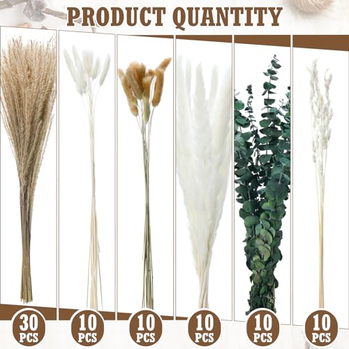 Qinyoung 10 Set Dried Pampas Grass Centerpiece for Wedding Baby Shower Party 10 Glass Flower Jars 10 Artificial Roses 80 D...