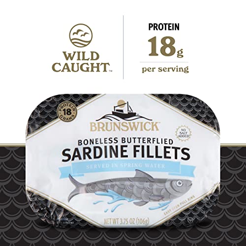 Brunswick Sardines in Spring Water, 3.75 oz Can (Pack of 12) - Boneless Butterflied Sardine Fillets - Wild Caught - 18g Pr...
