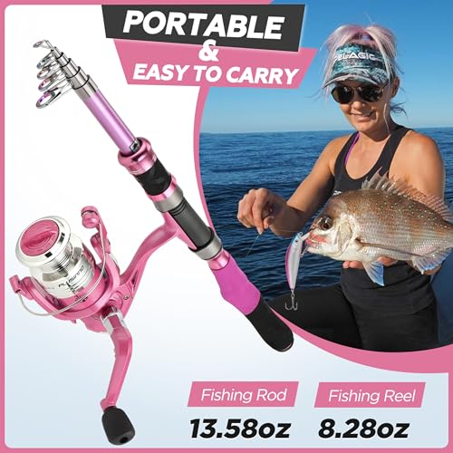 Fishing Rod and Reel Combos, Fishing Gear Gifts for Women with Spinning Reel, Lures, Line, Pink Ladies Telescopic Pole Kit...